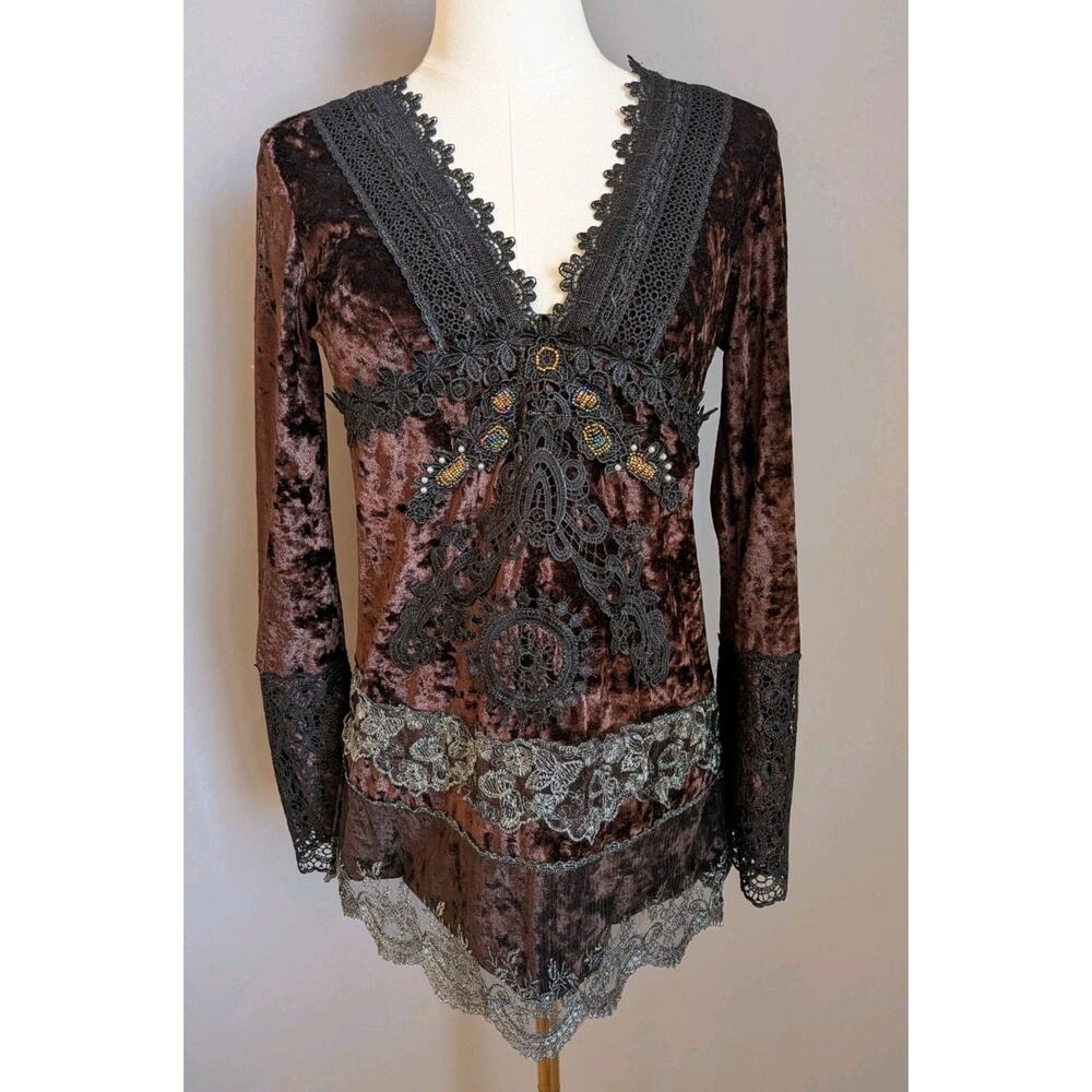 Brown Crushed Velvet Lace Beaded Romantic Whimsigoth Y2K Long Sleeve Top S